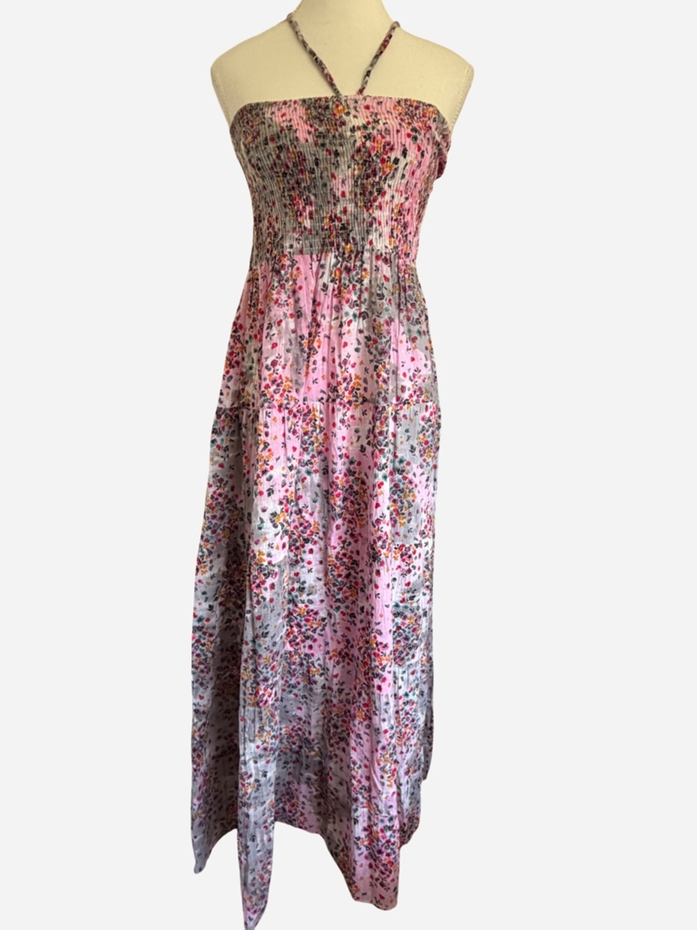 Floral Cotton Lightweight Smocked Halter Style Tier Midi Summer Dress-Sz-M